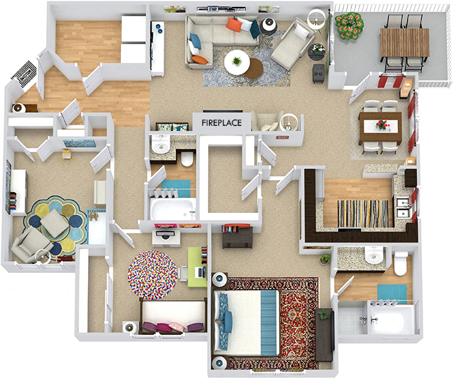Floor plan for 3 beds, 2 baths, 1448 sqft